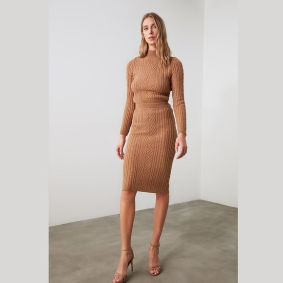2 Piece Tan Knitwear Crew Neck Sweater Skirt Set - Picture 2 of 11